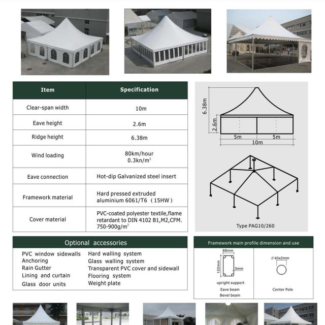 Tenda tipo pagode com 10 m de envergadura