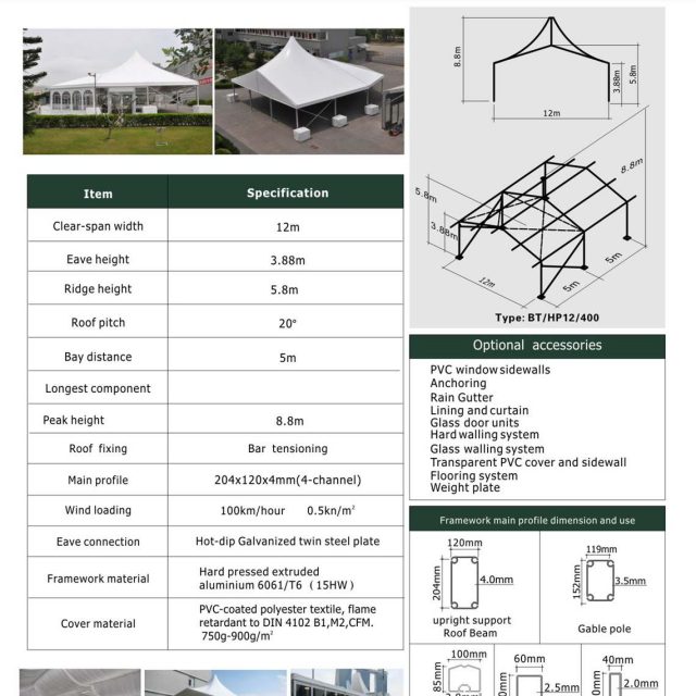 Tenda mista de pico alto com 12 m de envergadura