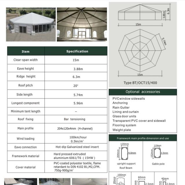 Tenda octogonal com 15 m de envergadura