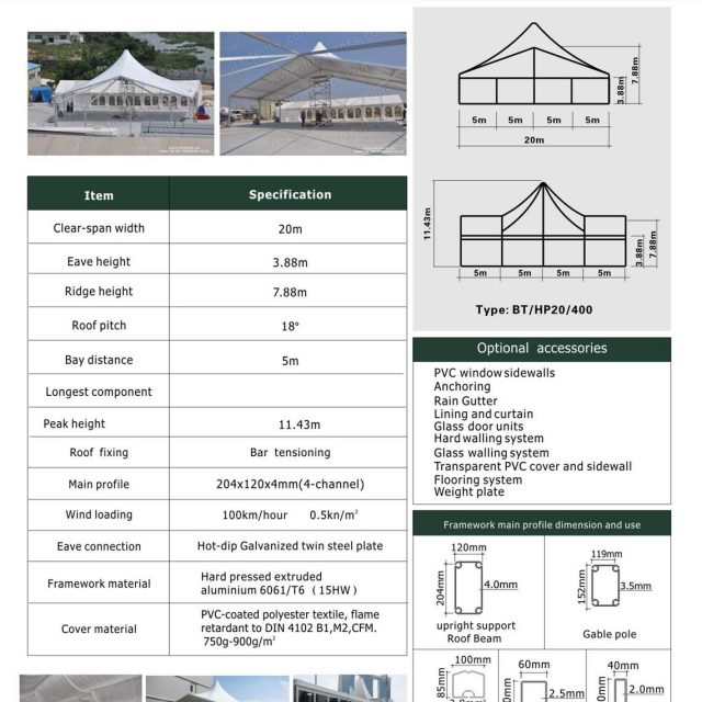 Tenda mista de pico alto com 20 m de envergadura