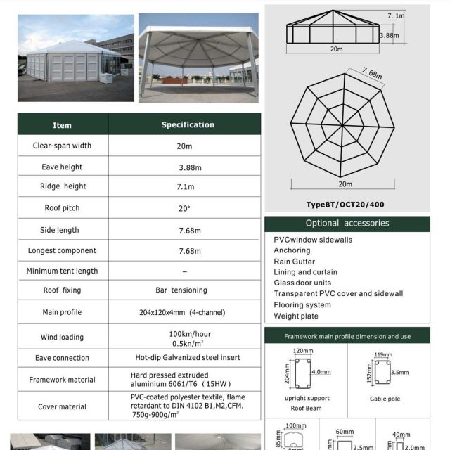 Tenda octogonal com 20 m de envergadura
