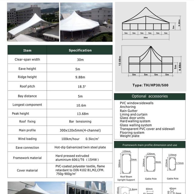 Tenda mista de pico alto com 30 m de envergadura