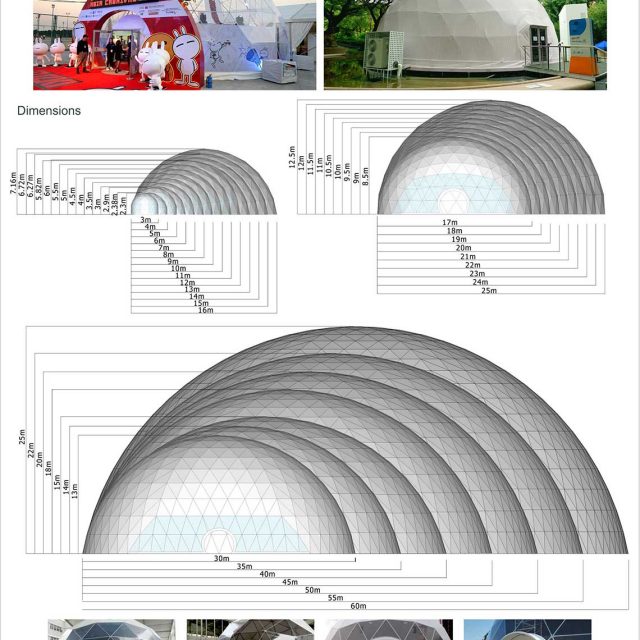 Tenda em cúpula de tecido com 3 m × 60 m de envergadura