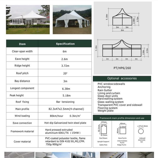 Tenda mista de pico alto com 6 m de envergadura