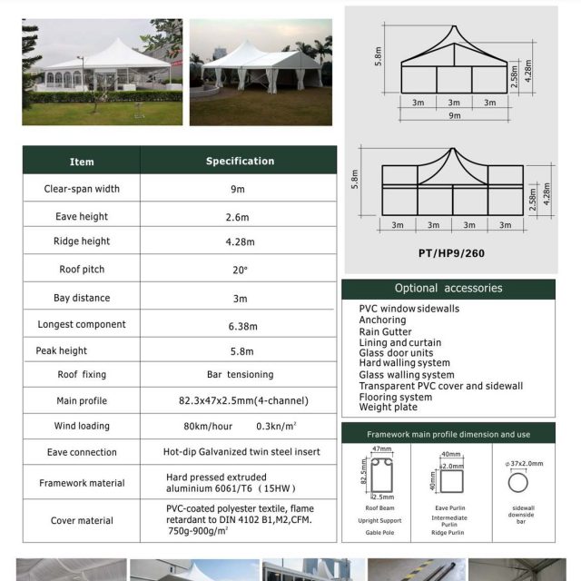 Tenda mista de pico alto com 9 m de envergadura