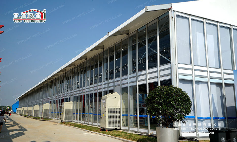 double decker exhibition tent with glass wall