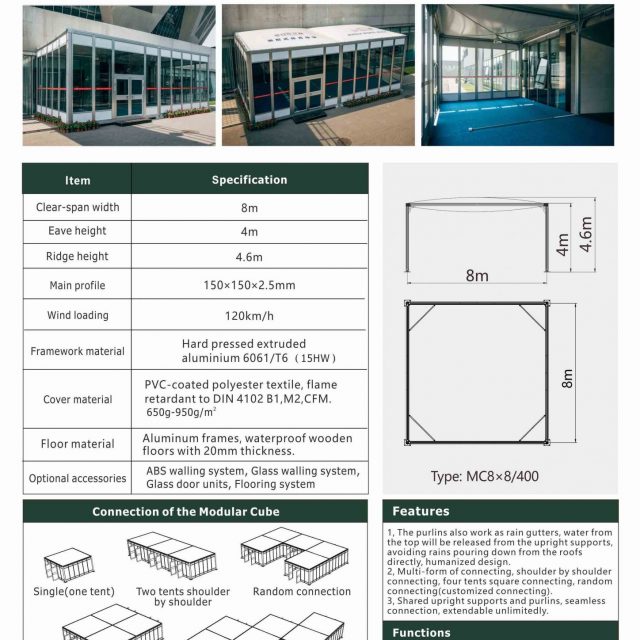 Tenda modular em forma de cubo MC8 em escala